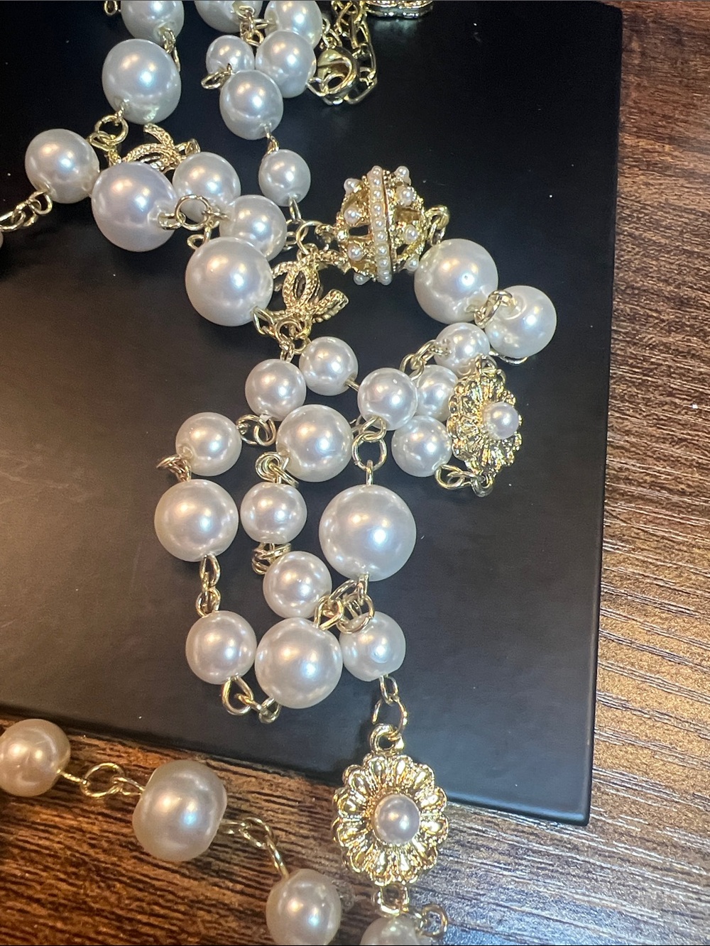 Long Pearl Station Necklace with Gold Accents